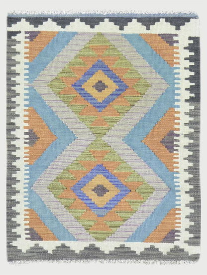 Alfombra Kilim de lana tejida a mano de color azul para dormitorio WK-553