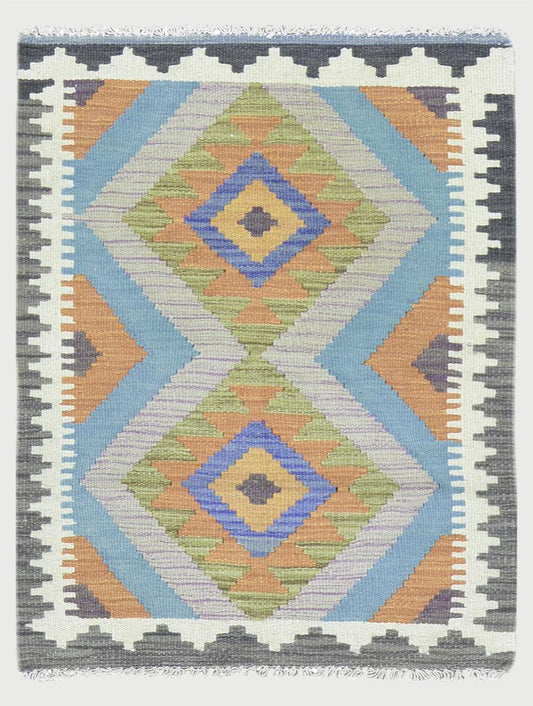 Tappeto Kilim in lana tessuto a mano blu per camera da letto WK-553