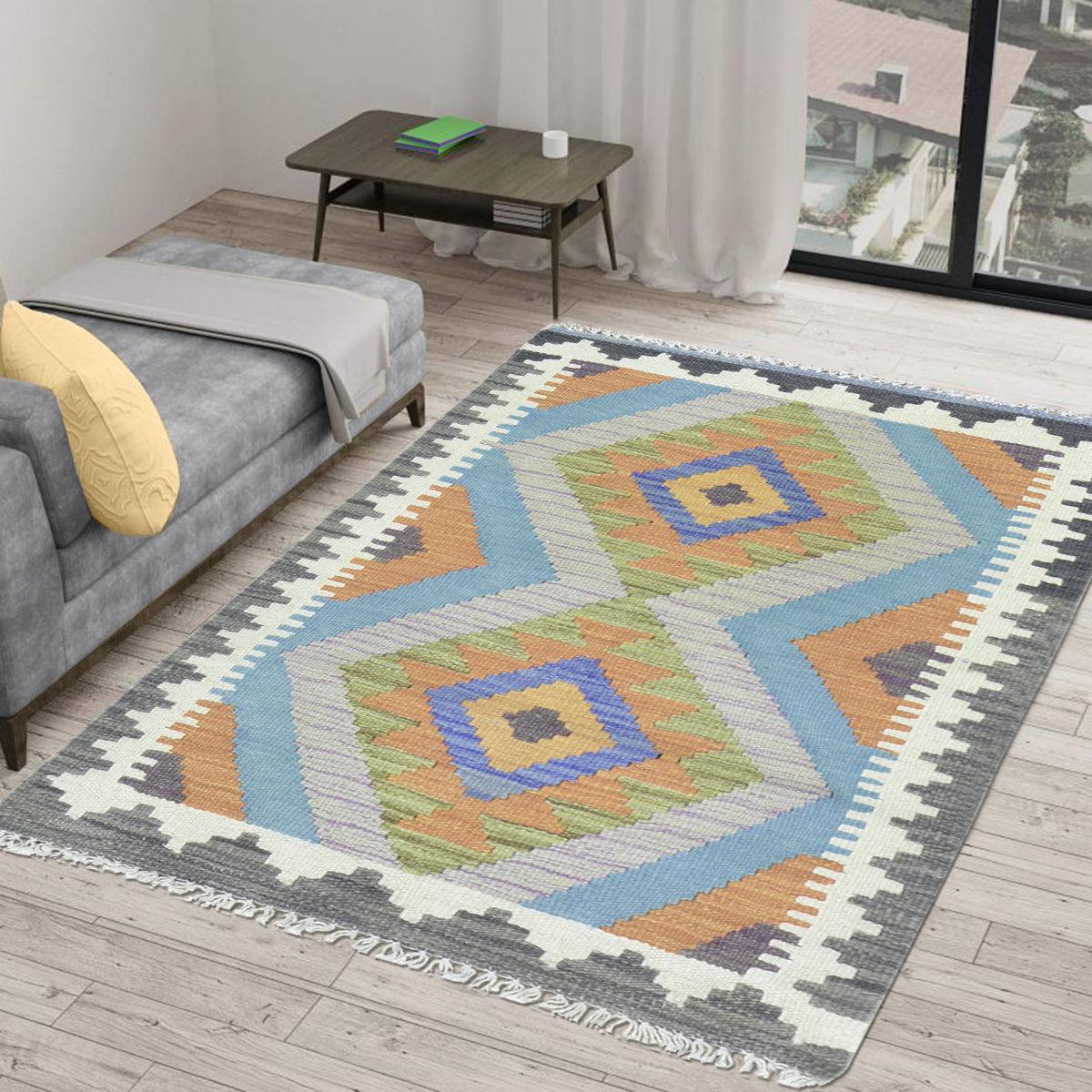 Tappeto Kilim in lana tessuto a mano blu per camera da letto WK-553