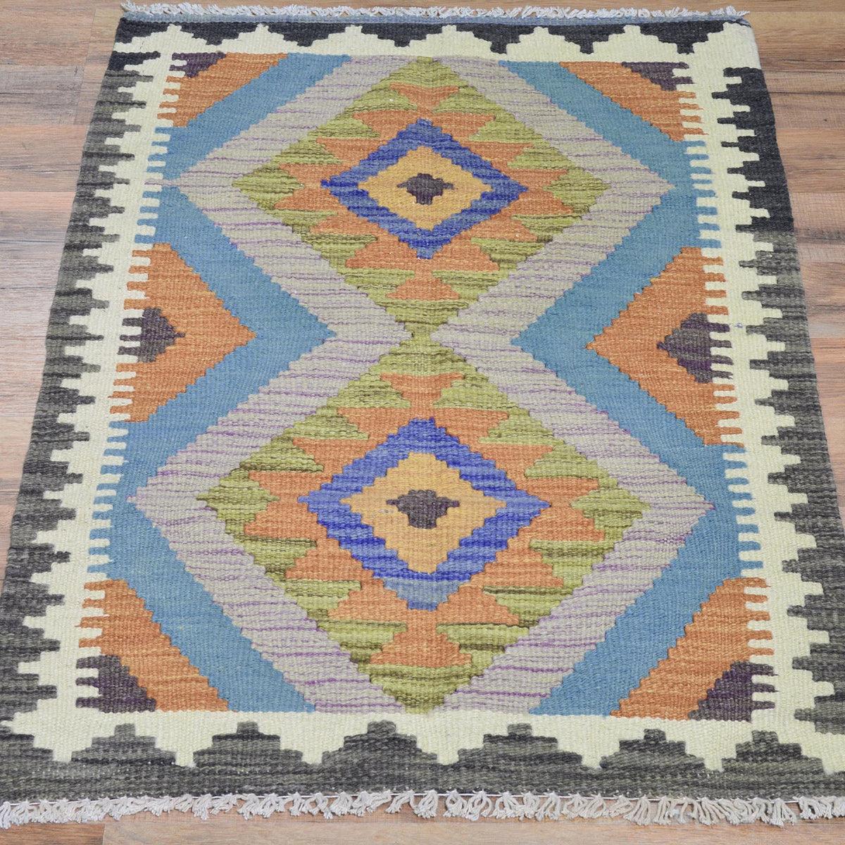 Tappeto Kilim in lana tessuto a mano blu per camera da letto WK-553