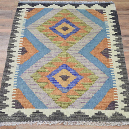 Hand Woven Wool Kilim Area Blue Rug For Bedroom WK-553