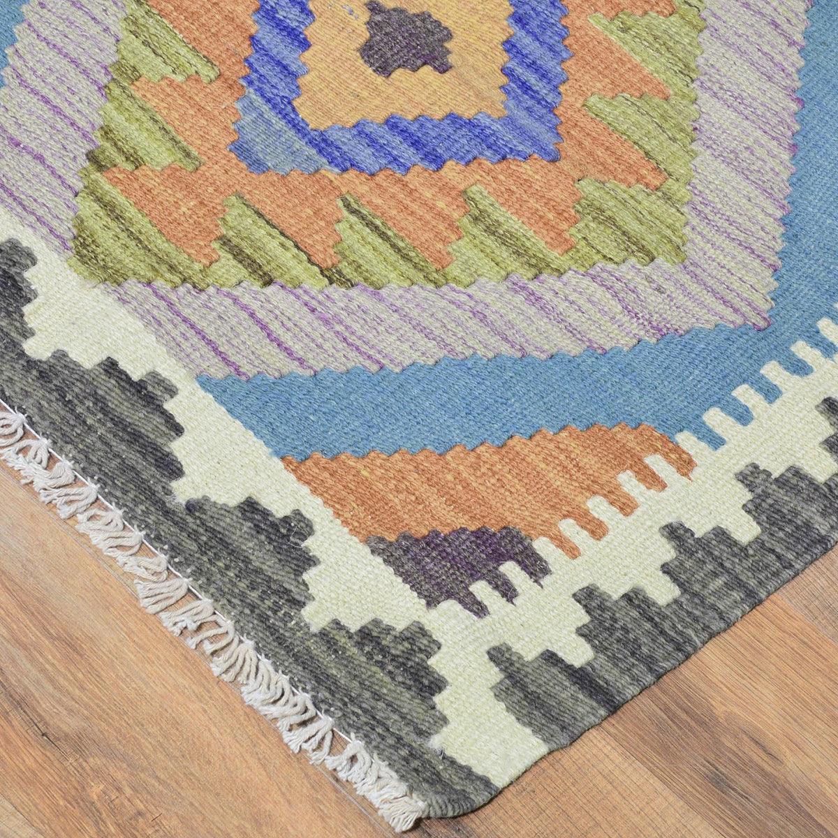 Alfombra Kilim de lana tejida a mano de color azul para dormitorio WK-553