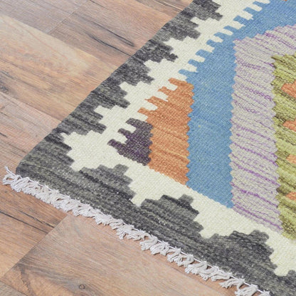 Alfombra Kilim de lana tejida a mano de color azul para dormitorio WK-553