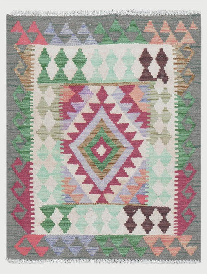 Tappeto Kilim grigio in lana intrecciata a mano per ingresso WK-554