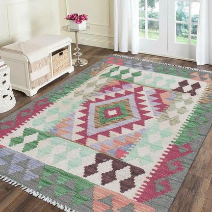 Tappeto Kilim grigio in lana intrecciata a mano per ingresso WK-554