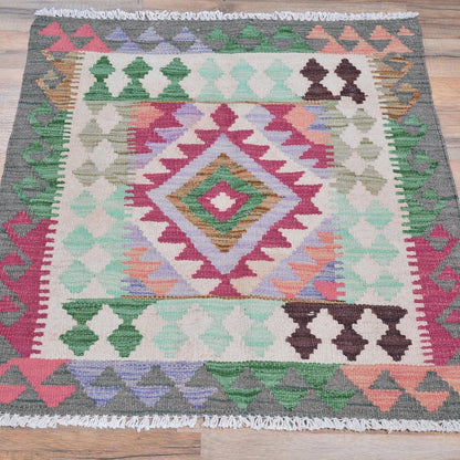 Tappeto Kilim grigio in lana intrecciata a mano per ingresso WK-554