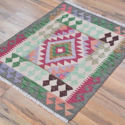 Tappeto Kilim grigio in lana intrecciata a mano per ingresso WK-554