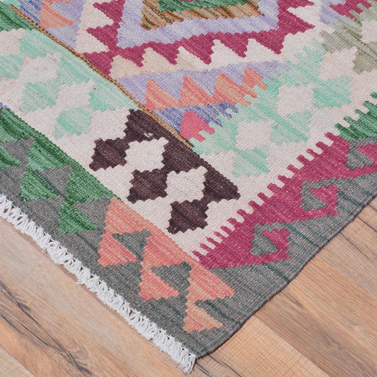 Tappeto Kilim grigio in lana intrecciata a mano per ingresso WK-554