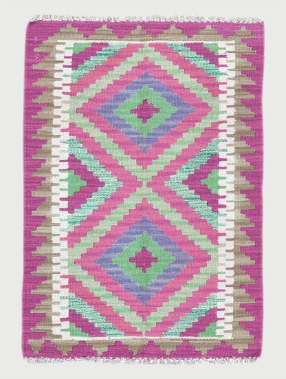 Indian Hand Woven Pink Dining Room Wool Kilim Rug WK-556