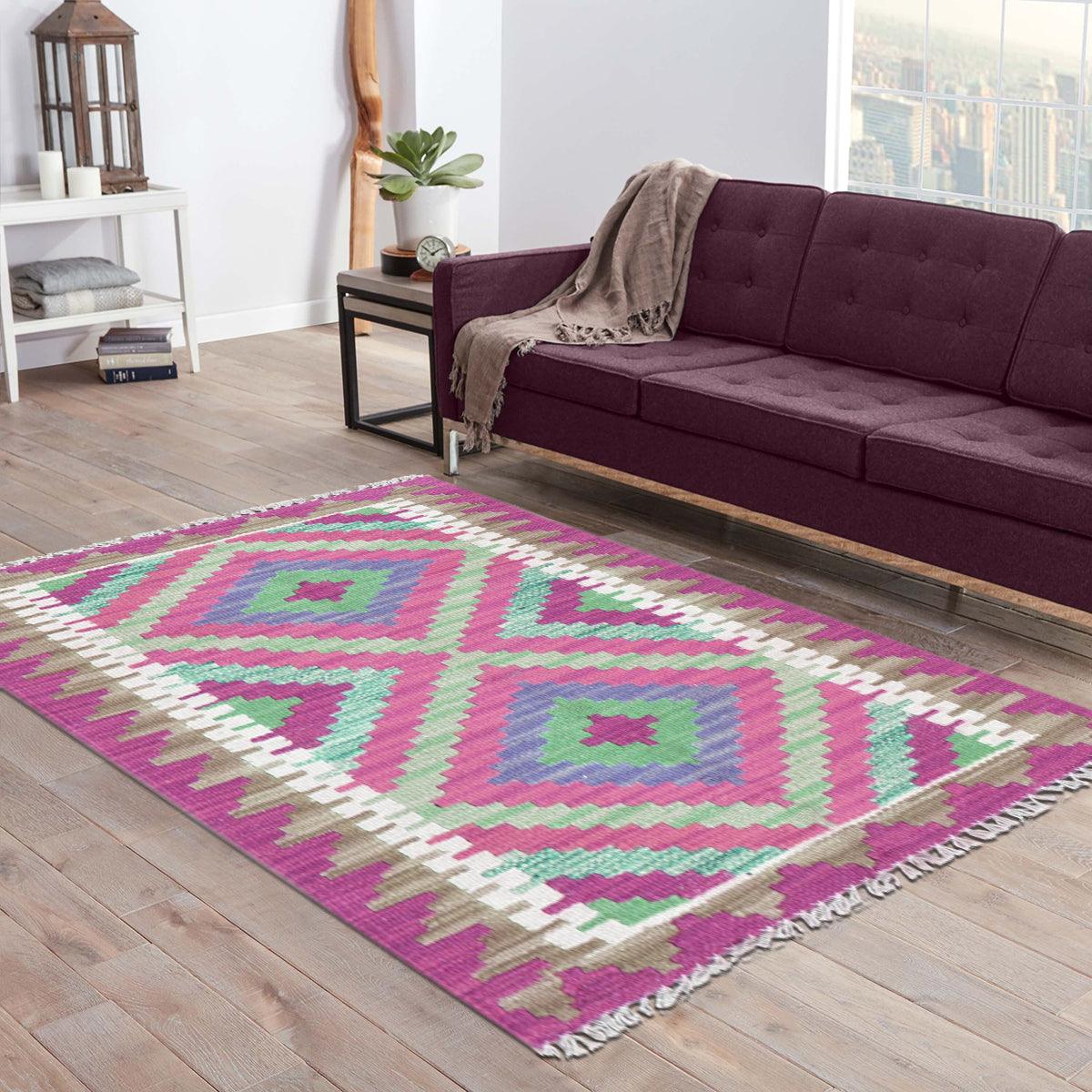 Alfombra Kilim de lana tejida a mano de color rosa para comedor de la India WK-556