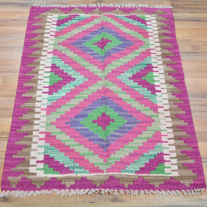 Alfombra Kilim de lana tejida a mano de color rosa para comedor de la India WK-556