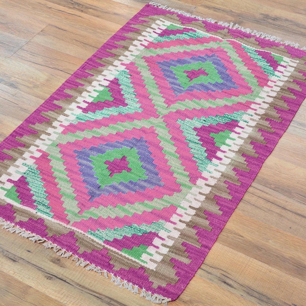 Alfombra Kilim de lana tejida a mano de color rosa para comedor de la India WK-556