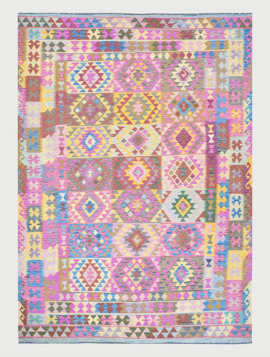 Alfombra Kilim de lana tejida a mano de primera calidad en color rosa para dormitorio WK-559