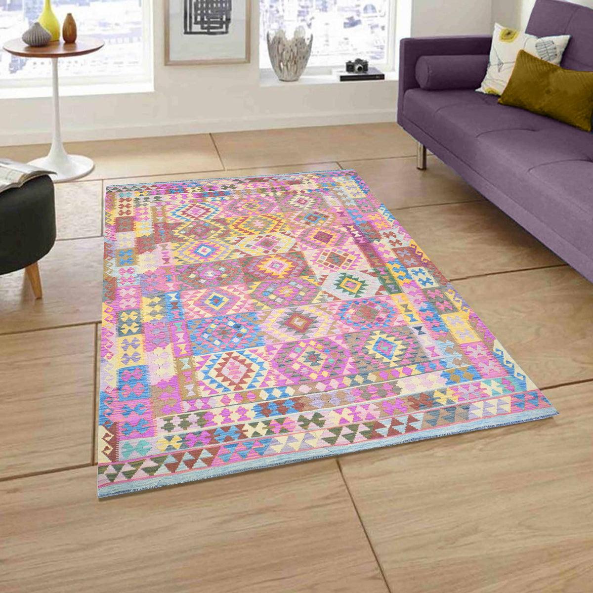 Pink Premium Hand Woven Wool Kilim Rug For Bedroom WK-559