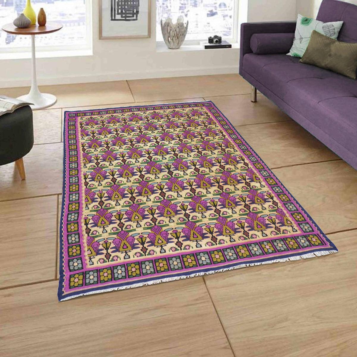 Alfombra Kilim de lana tejida a mano de color rosa para dormitorio WK-563