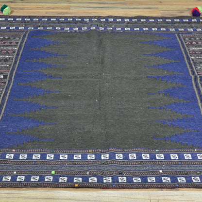 Black Wool Hand Woven Kilim Area Rug For Entrance WK-564