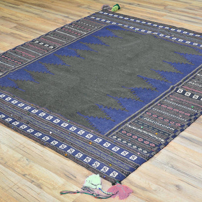 Black Wool Hand Woven Kilim Area Rug For Entrance WK-564