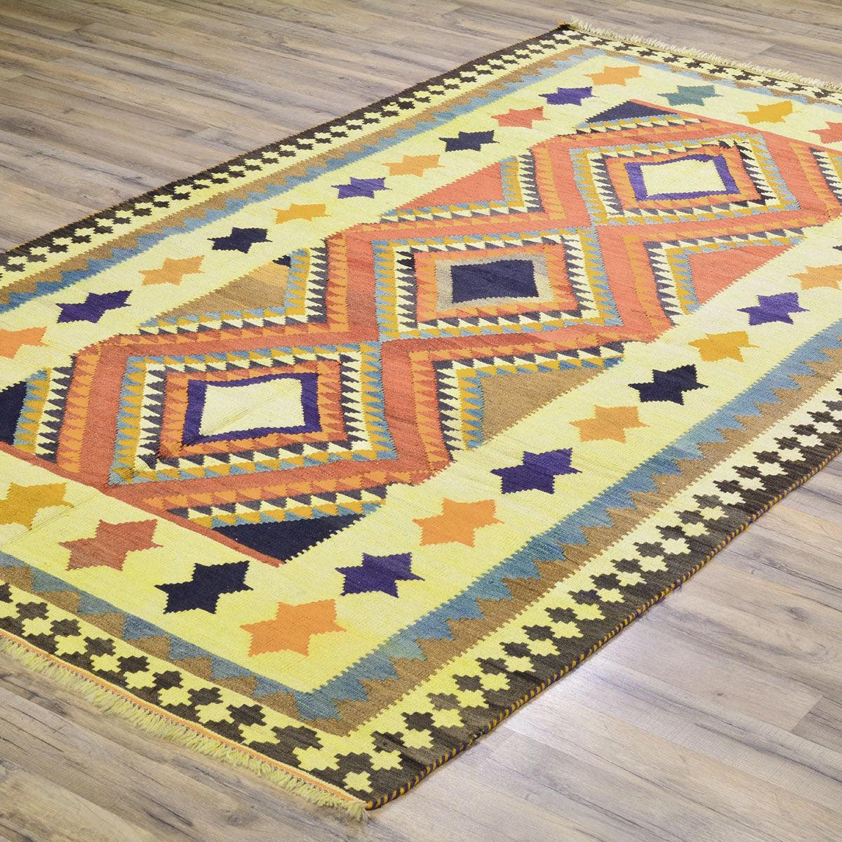 Hand Woven Wool Kilim Area Rug Yellow For Living Room WK-573