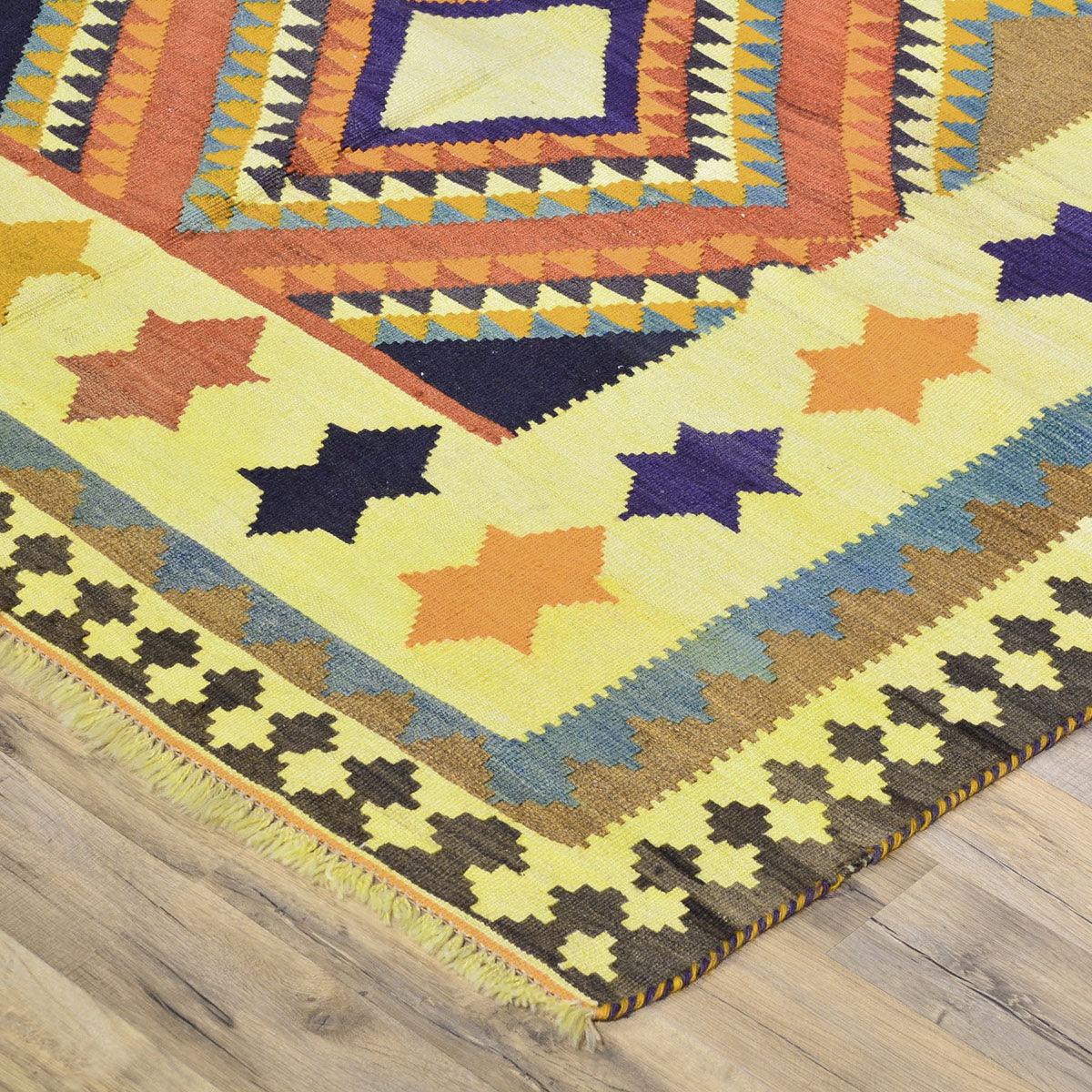 Hand Woven Wool Kilim Area Rug Yellow For Living Room WK-573