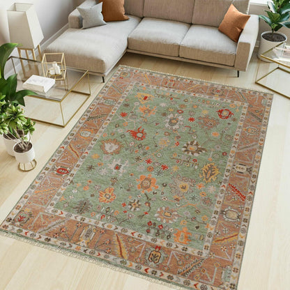 Hand Knotted Oushak Rug Green For Bedroom WK-635