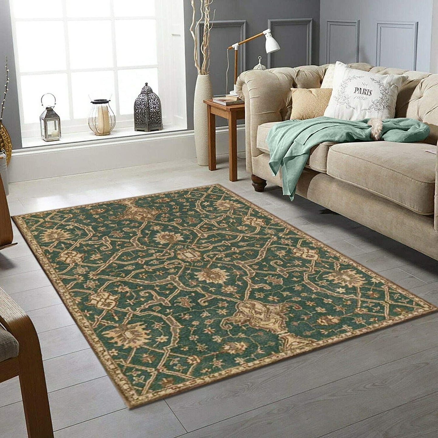 Green Hand Knoted Wool Area Rug For Bedroom WK-774