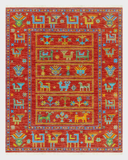 Hand Knotted Wool Red Multicolor Living Room Rug