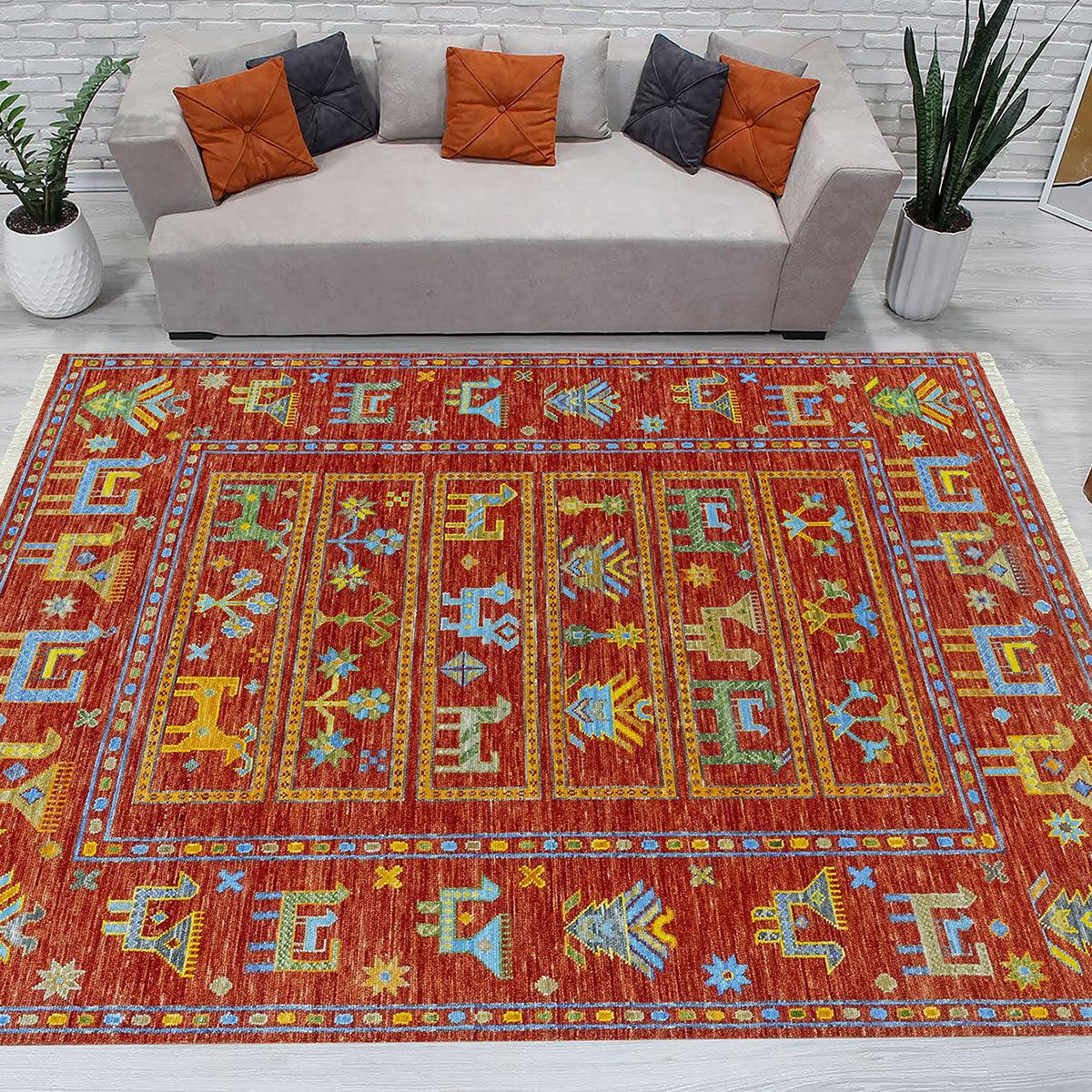 Hand Knotted Wool Red Multicolor Living Room Rug