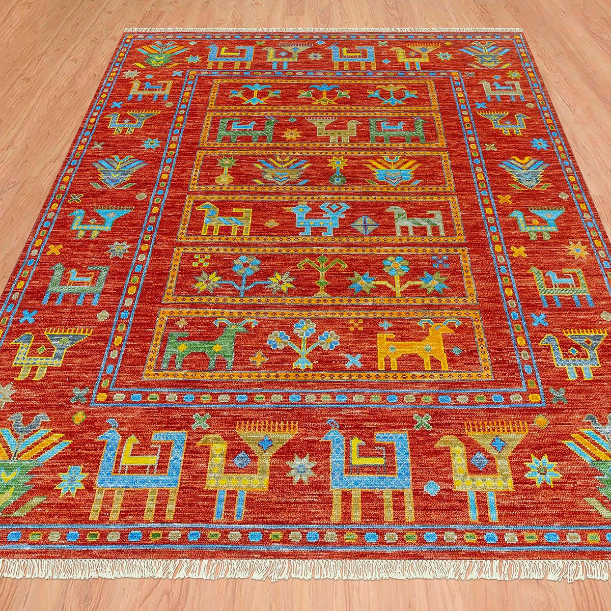 Hand Knotted Wool Red Multicolor Living Room Rug