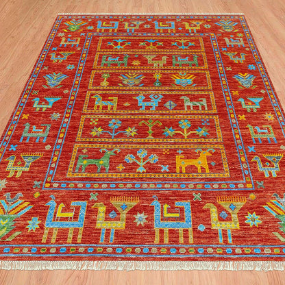 Hand Knotted Wool Red Multicolor Living Room Rug