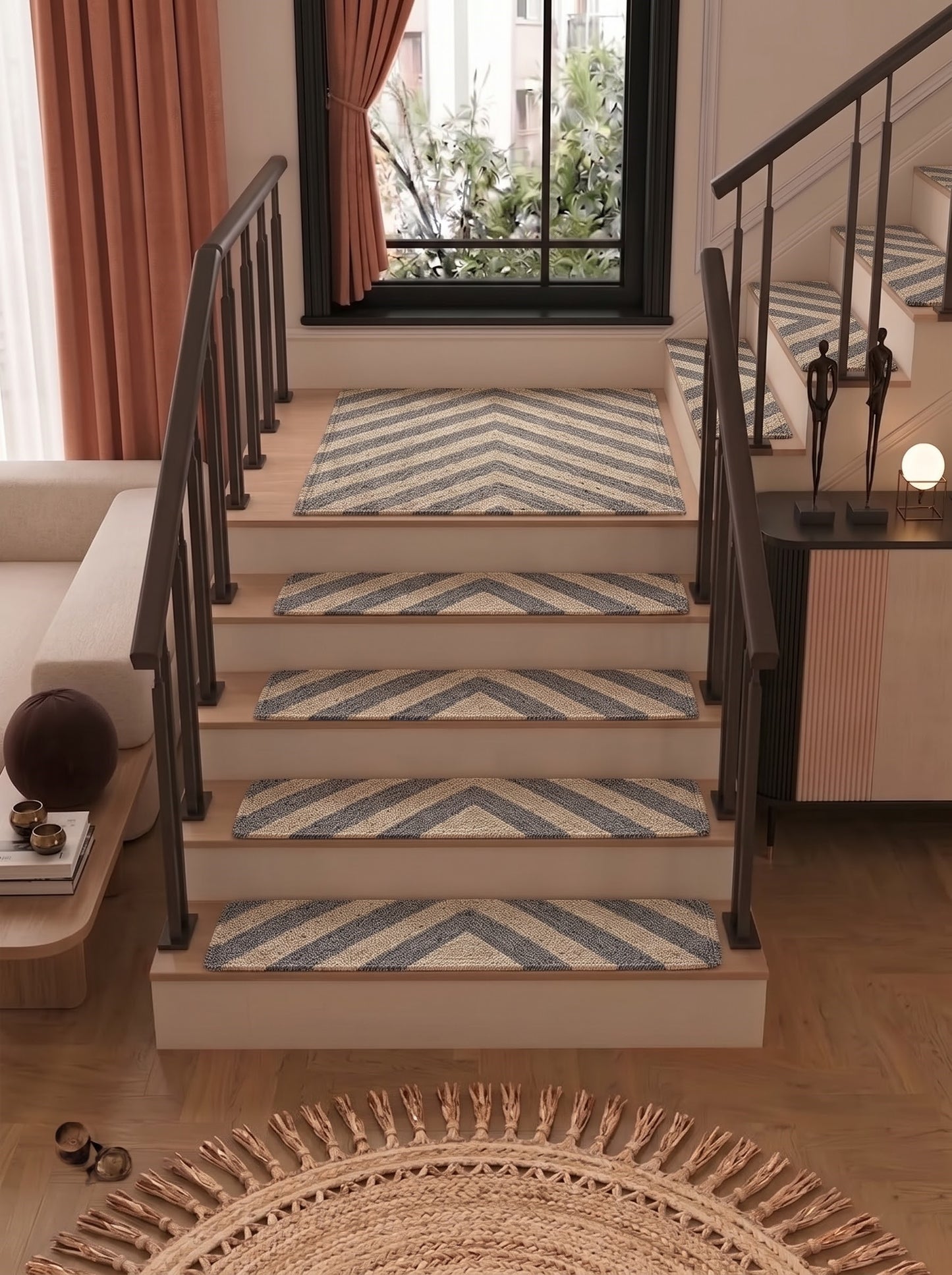 Grey Chevron Braided Jute Stair Treads, Natural Fiber Boho Farmhouse Carpet