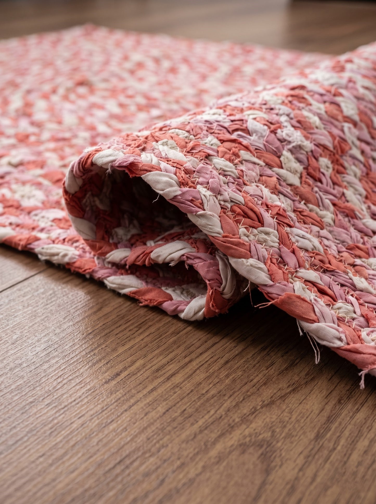Hand Braided Chindi Stair Treads, Pink & White Cotton Boho Jute Rug