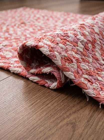 Hand Braided Chindi Stair Treads, Pink & White Cotton Boho Jute Rug