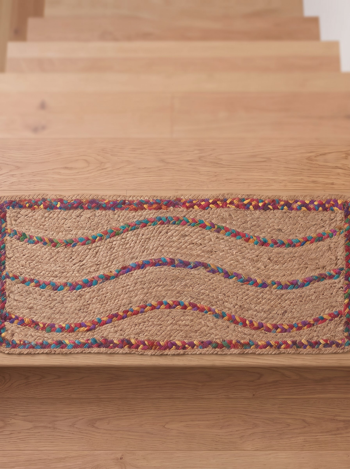 Braided Handmade Stair Treads, Multicolor Squiggle Pattern, Boho Staircase Mats (Set)