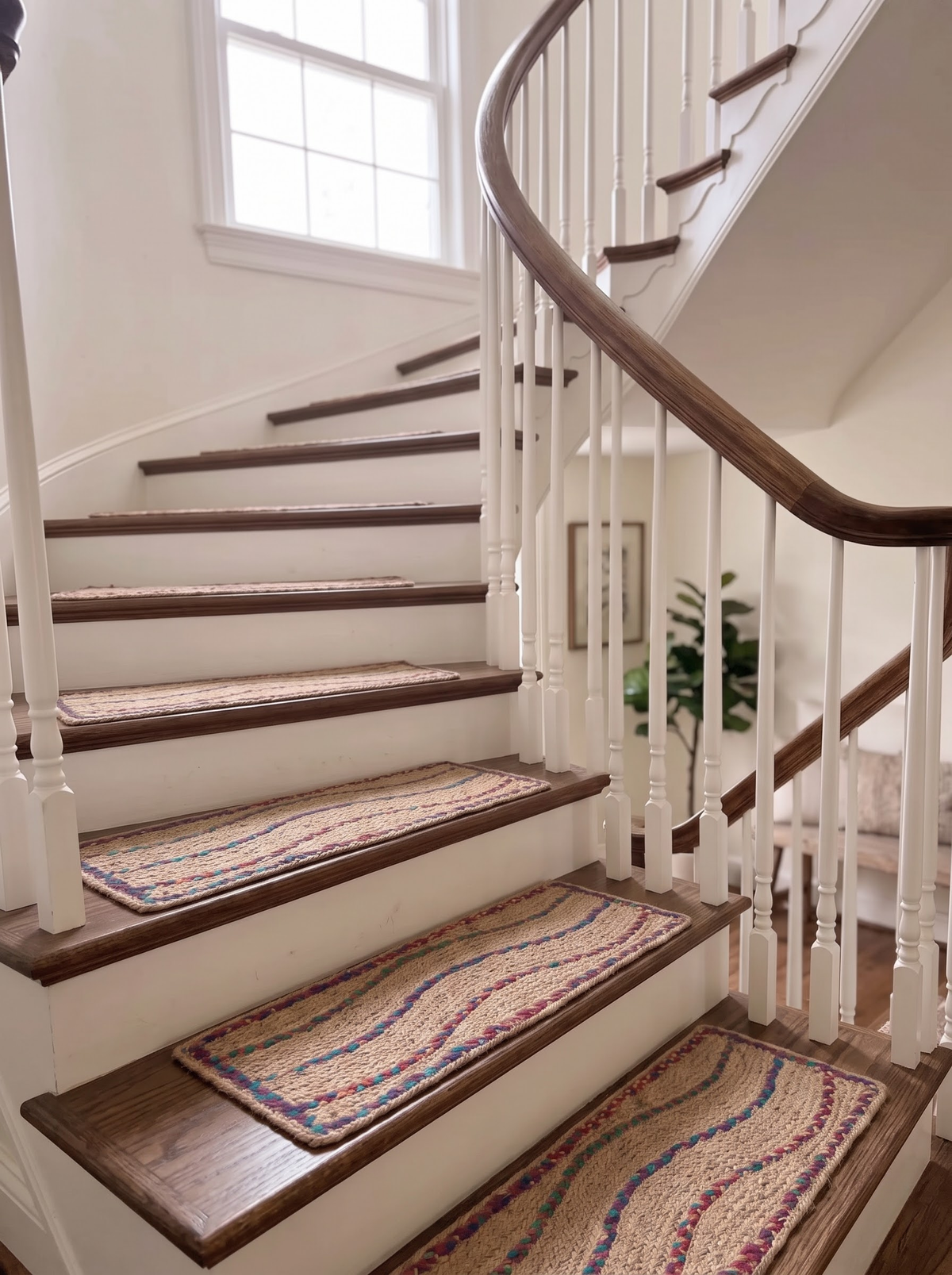 Braided Handmade Stair Treads, Multicolor Squiggle Pattern, Boho Staircase Mats (Set)