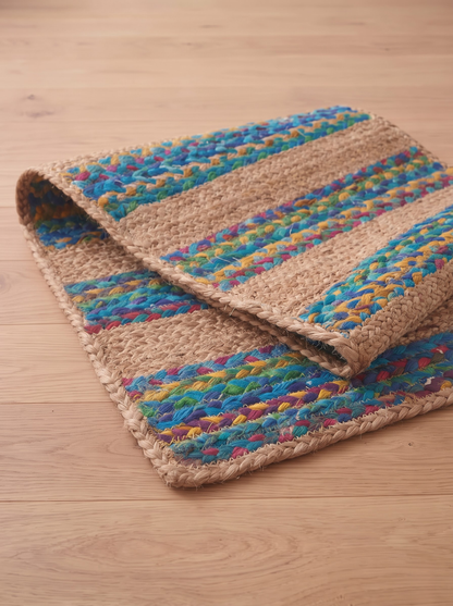 Turquoise Inlay Handwoven Stair Tread Mats, Boho Staircase Step Decor (Set)