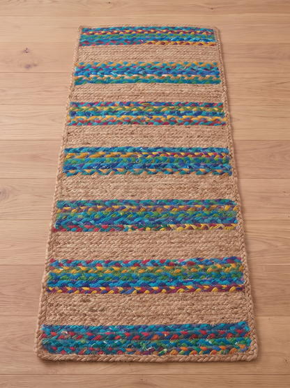 Turquoise Inlay Handwoven Stair Tread Mats, Boho Staircase Step Decor (Set)