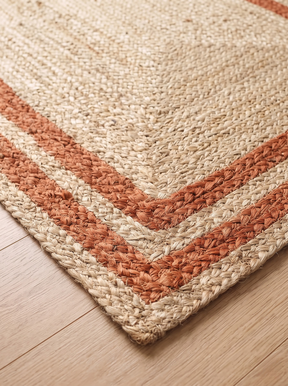 Boho Terracotta Border Braided Jute & Cotton Rug Rustic Farmhouse Entryway & Accent Mat