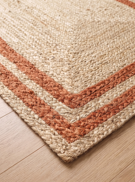 Boho Terracotta Border Braided Jute & Cotton Rug Rustic Farmhouse Entryway & Accent Mat