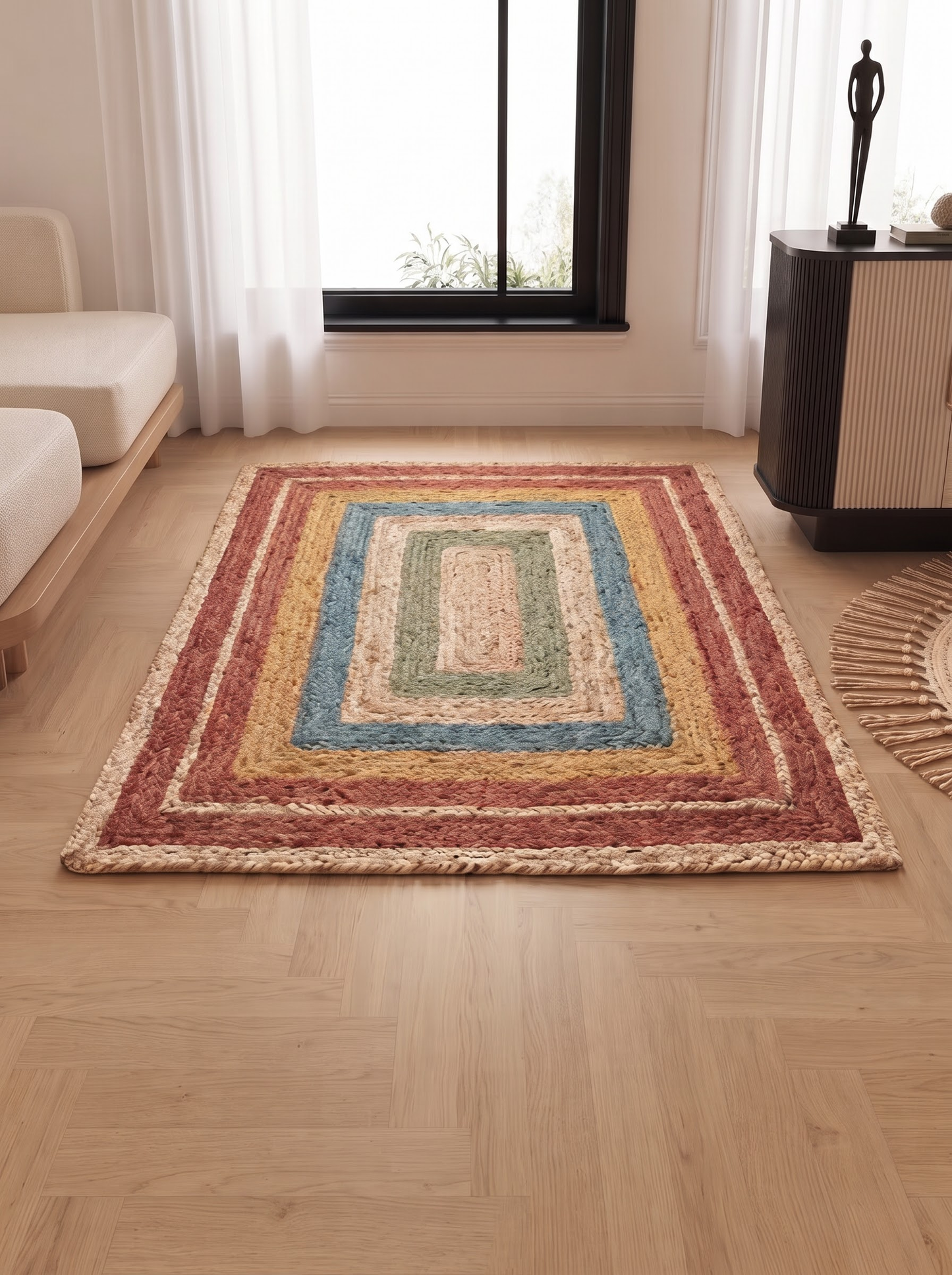 Braided Jute Stair Treads Set, Colorful Rainbow Boho Runner Rugs, Non-Slip Farmhouse Style