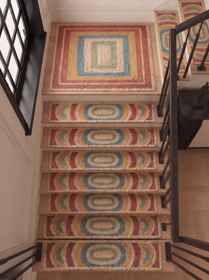 Braided Jute Stair Treads Set, Colorful Rainbow Boho Runner Rugs, Non-Slip Farmhouse Style