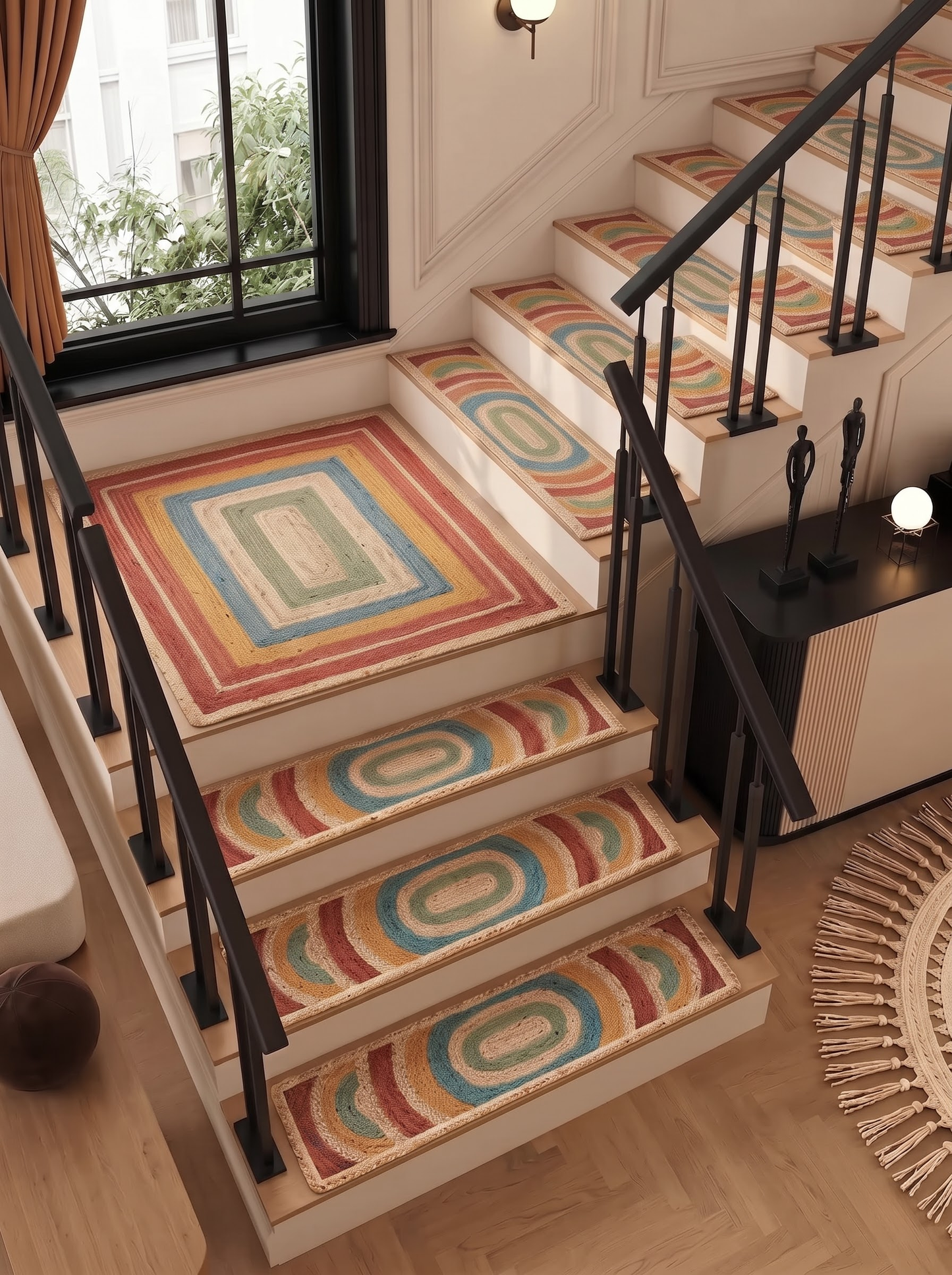 Braided Jute Stair Treads Set, Colorful Rainbow Boho Runner Rugs, Non-Slip Farmhouse Style