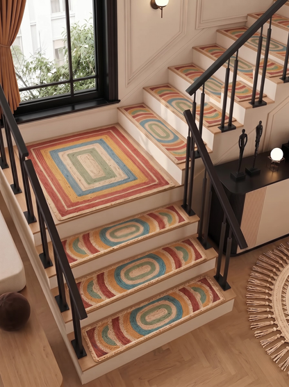 Braided Jute Stair Treads Set, Colorful Rainbow Boho Runner Rugs, Non-Slip Farmhouse Style