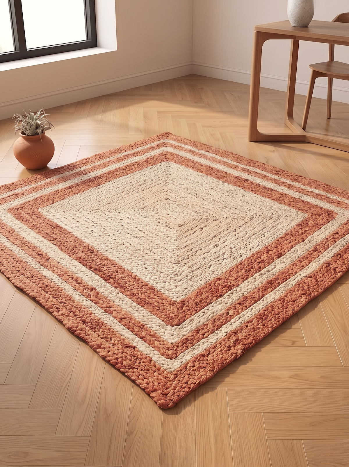 Boho Terracotta Border Braided Jute & Cotton Rug Rustic Farmhouse Entryway & Accent Mat