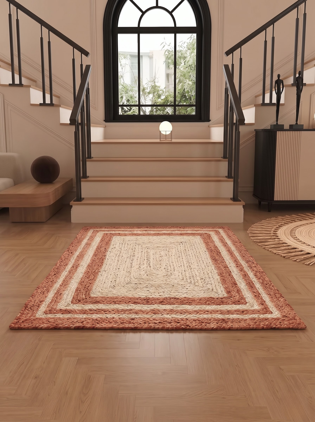 Boho Terracotta Border Braided Jute & Cotton Rug Rustic Farmhouse Entryway & Accent Mat
