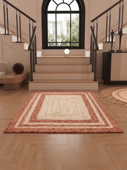 Boho Terracotta Border Braided Jute & Cotton Rug Rustic Farmhouse Entryway & Accent Mat
