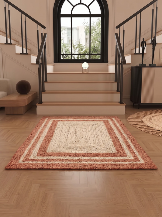 Boho Terracotta Border Braided Jute & Cotton Rug Rustic Farmhouse Entryway & Accent Mat