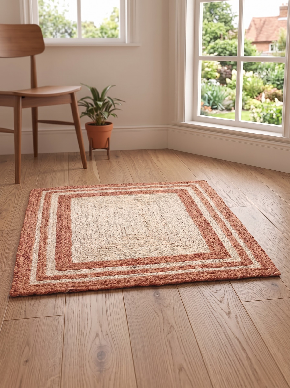 Boho Terracotta Border Braided Jute & Cotton Rug Rustic Farmhouse Entryway & Accent Mat