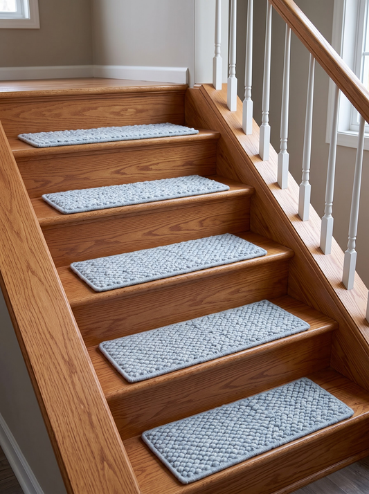 Powder Blue Wool Stair Treads Set, Pebble Non-Slip Carpet Mats, Coastal Farmhouse Rug