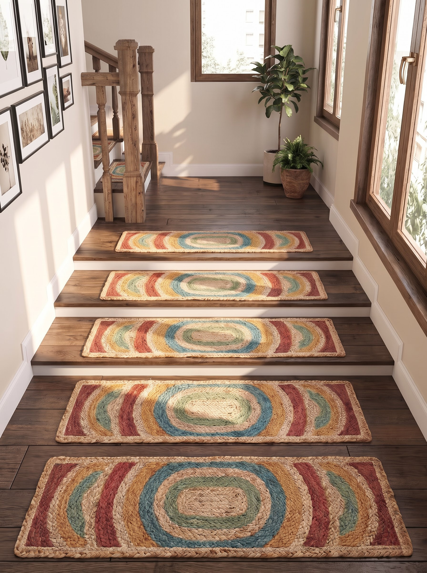 Braided Jute Stair Treads Set, Colorful Rainbow Boho Runner Rugs, Non-Slip Farmhouse Style