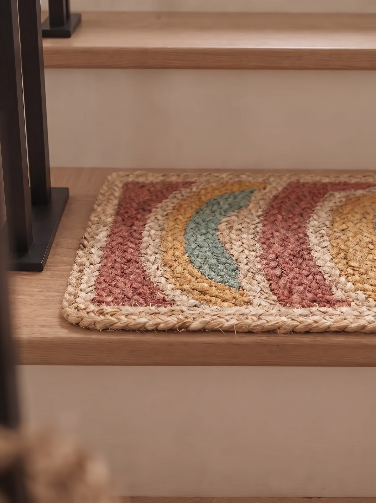 Braided Jute Stair Treads Set, Colorful Rainbow Boho Runner Rugs, Non-Slip Farmhouse Style